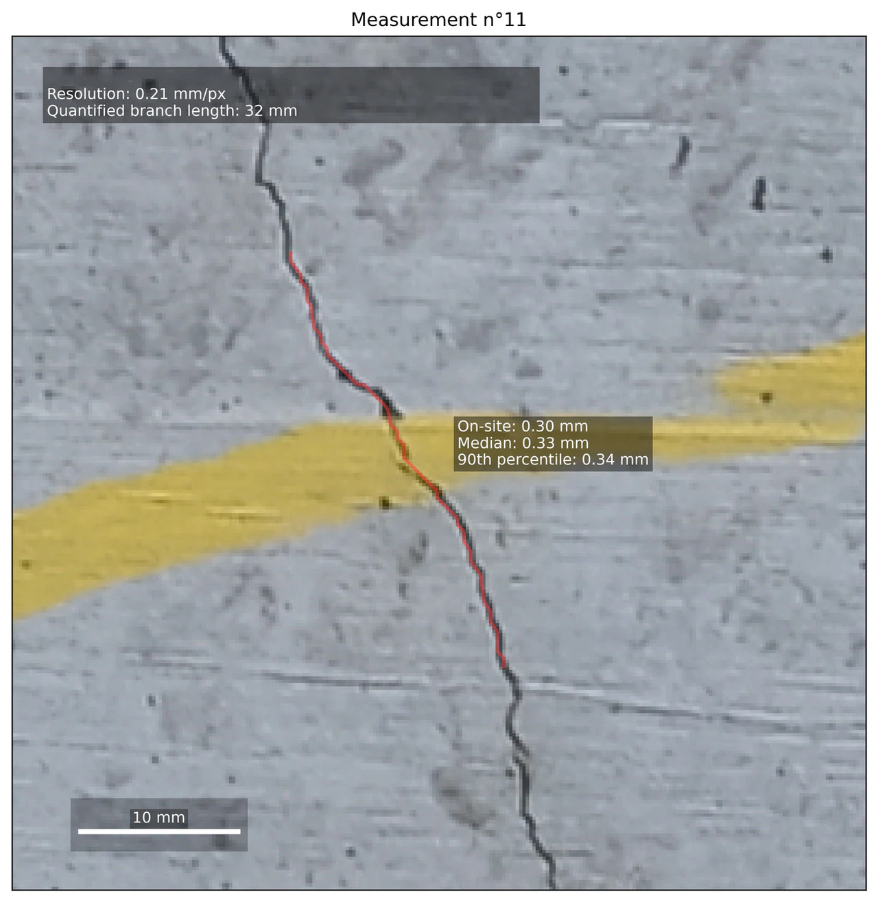 Image d’inspection avec fissure cartographiée et mesure de son ouverture sur site