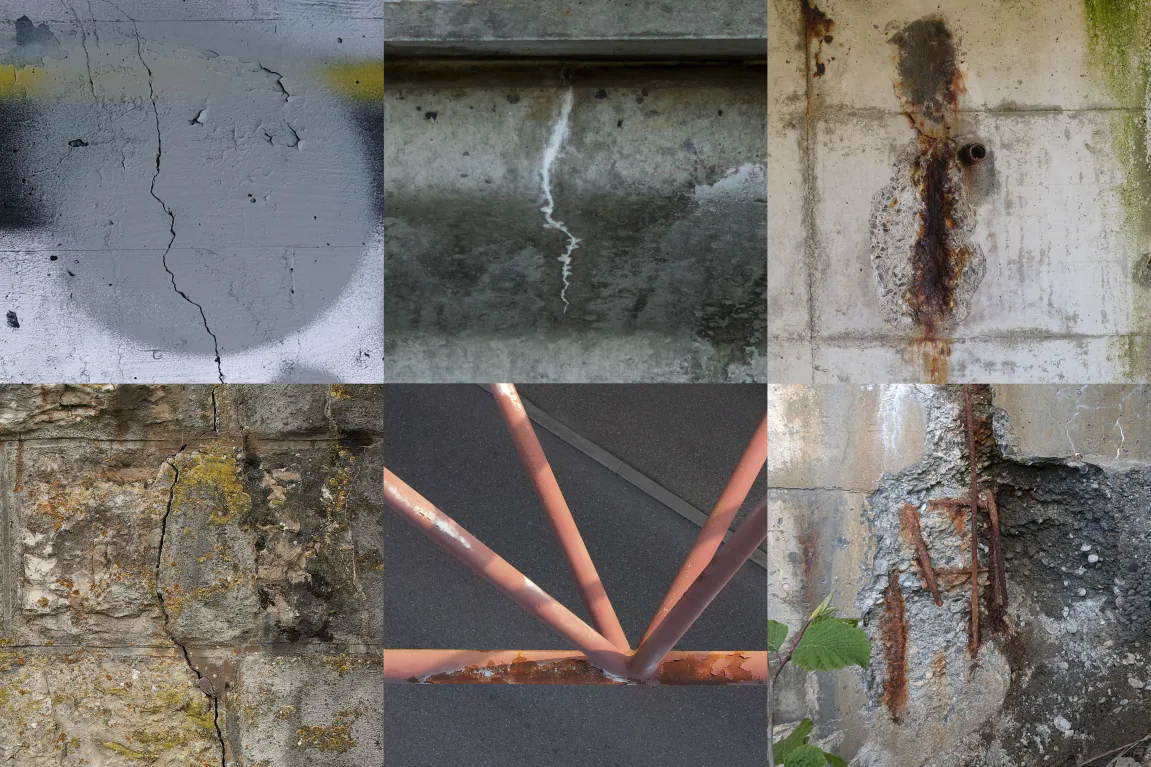 Exemples de fissures, corrosion et épaufrures sur béton, maçonnerie et acier.