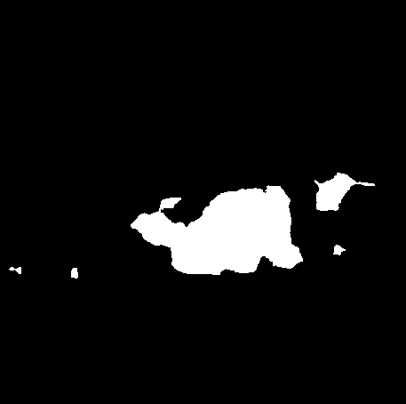 Zugehörige Segmentierungsmaske. Weisse Pixel kennzeichnen die segmentierten Korrosionsflächen, schwarze Pixel den Hintergrund.
