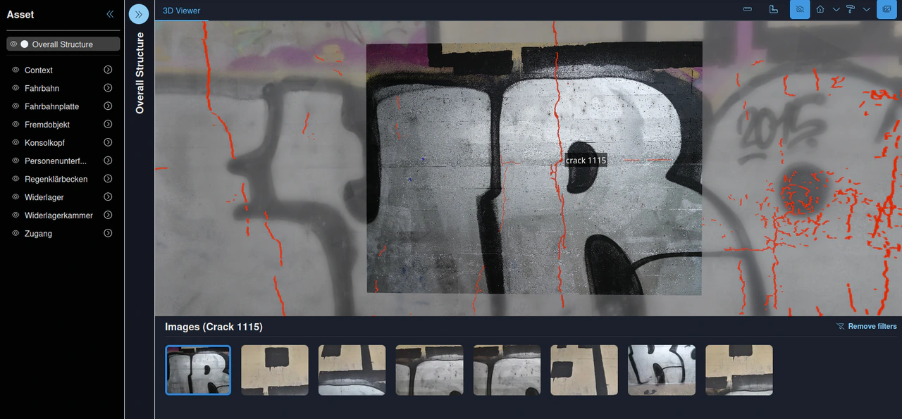 An inspection image aligned with the model to review a detected crack.